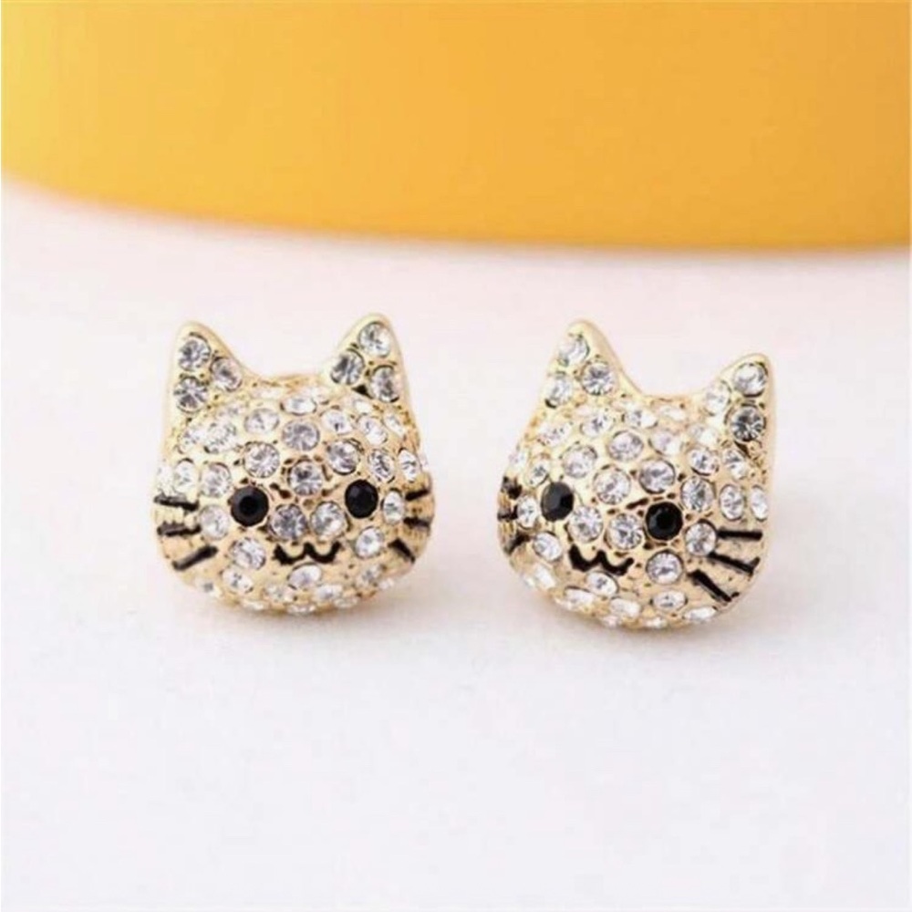 Gold Tone Cat Stud Earrings with Crystals